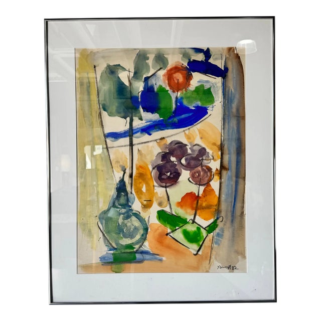 1982 Vintage Expressionist Abstract Watercolor Painting by Yamill For Sale