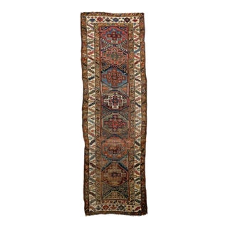 1920-30's Antique Tribal Greens, Blues, Camel, Pinks & Eggplant Runner Rug 3.6 X 11.4 For Sale
