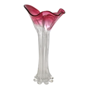 Vintage Murano Hand Blown Art Glass Scalloped Top Vase With Paneled Column