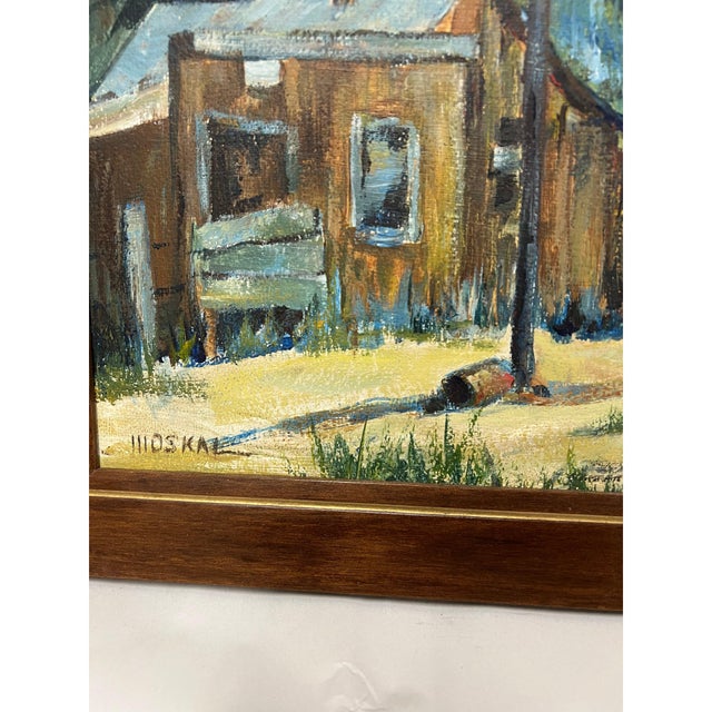 Brown Vintage Framed Mountain Town Landscape Painting, Rustic Village Scene With Alpine Peaks For Sale - Image 8 of 8