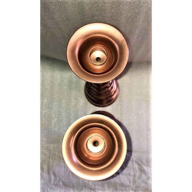 Industrial 1980s Brass Painted Metallic Copper Candle Sticks - a Pair For Sale - Image 3 of 6
