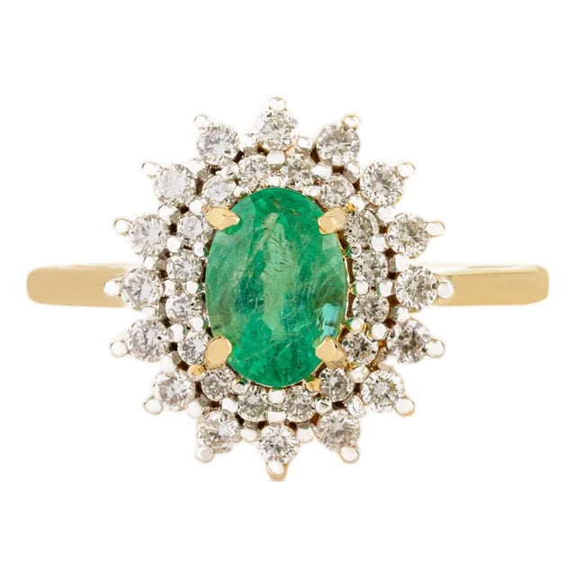 Zambian Emerald Pharaonic Style Cluster Diamond Ring Size 6 For Sale