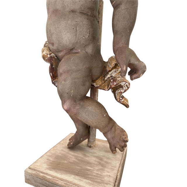 Taupe 18th Century Large Bavarian Baroque Polychrome and Parcel-Gilt Carved Wood Putto.. For Sale - Image 8 of 12