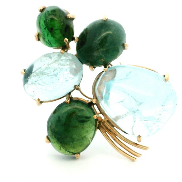 Italian Mid-Century Aquamarine & Green Tourmaline Floral Brooch in 14k Gold For Sale - Image 15 of 17