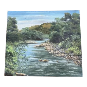1950s Original Painting of River and Grassy Hill