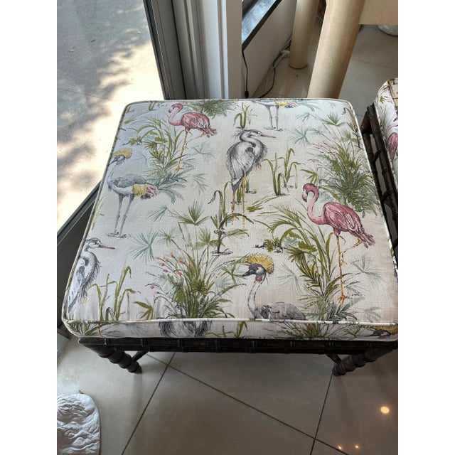 Vintage Faux Bamboo Ottomans Benches Stools Birds New Upholstery -A Pair For Sale - Image 4 of 13