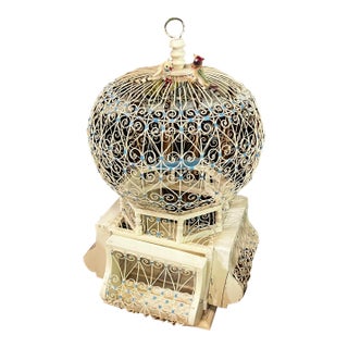 Vintage Indo-French White Metal Bird Cage With Hand Made Bird Figurines For Sale