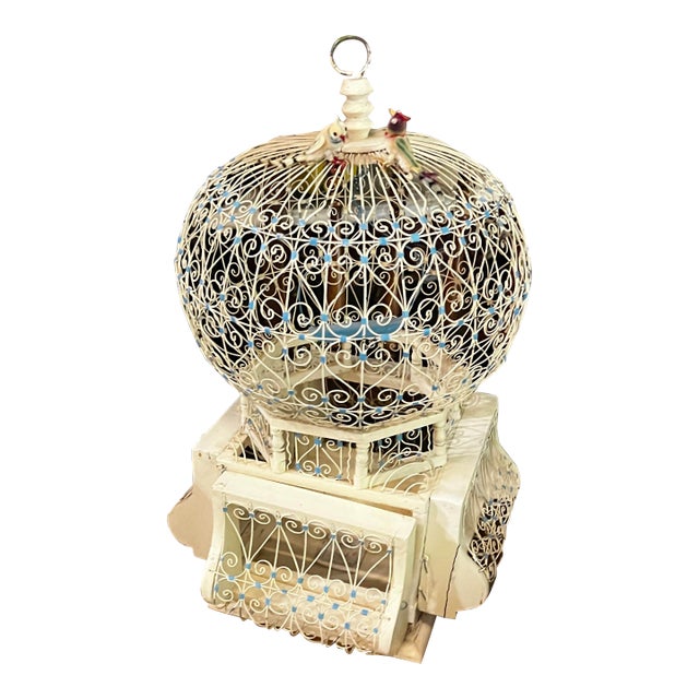 Vintage Indo-French White Metal Bird Cage With Hand Made Bird Figurines For Sale