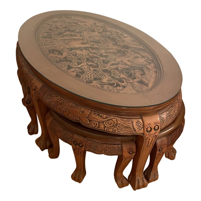 Mid 20th Century Asian Hand Carved Coffee Table & 6 Chairs Chairish
