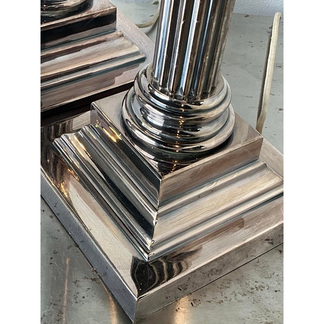 Vintage Stamped English Silver Corinthian Column Candlestick Lamps - A Pair For Sale - Image 10 of 11