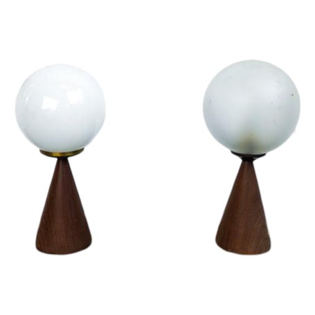 Minimalistic Modernist Conical Hard Wood and Glass Table Light in Opaline or Etched Finish For Sale