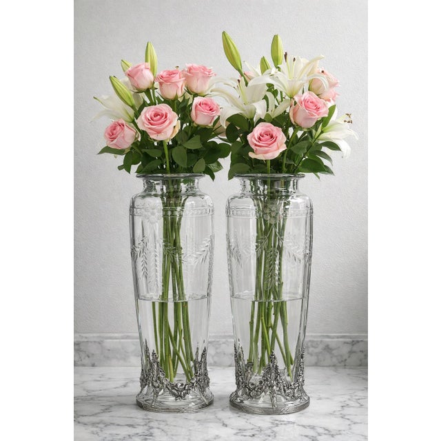 French Crystal Vases With Silverplate Mounts, a Pair For Sale - Image 4 of 4
