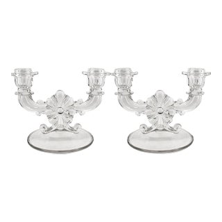 Indiana Glass Company Two-Light Candleholders Floral Bow Design For Sale