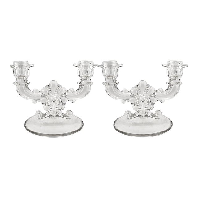 Indiana Glass Company Two-Light Candleholders Floral Bow Design For Sale
