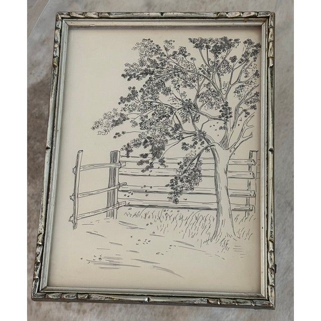 1940s Original Ink Drawing of Tree and Fence in Silverleaf Frame For Sale - Image 10 of 14