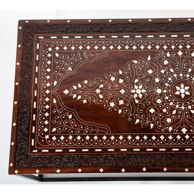 Antique Anglo Indian Coffee Table Rosewood Top With Maquetry Inlay on Custom Steel Base For Sale - Image 4 of 11
