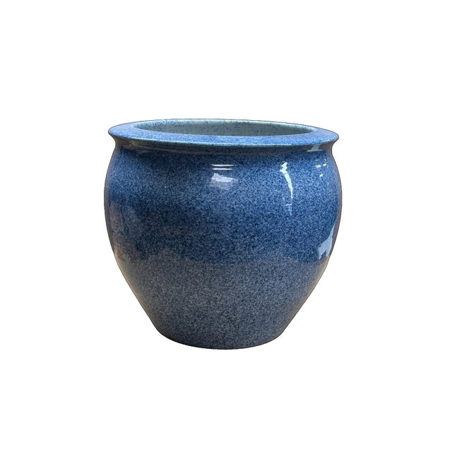 Abstract Vintage Mottled Blue Powder Marks Porcelain Round Pot Planter For Sale - Image 3 of 8