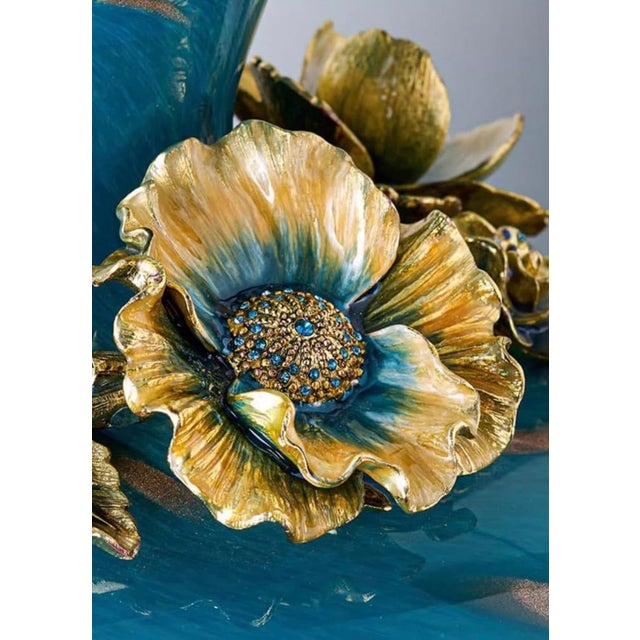 Contemporary Handcrafted Turquoise Enamel Vase With Gold Floral Relief & Gemstone Accents – 19.5” Luxury Art Decor (Fmury) For Sale - Image 3 of 5