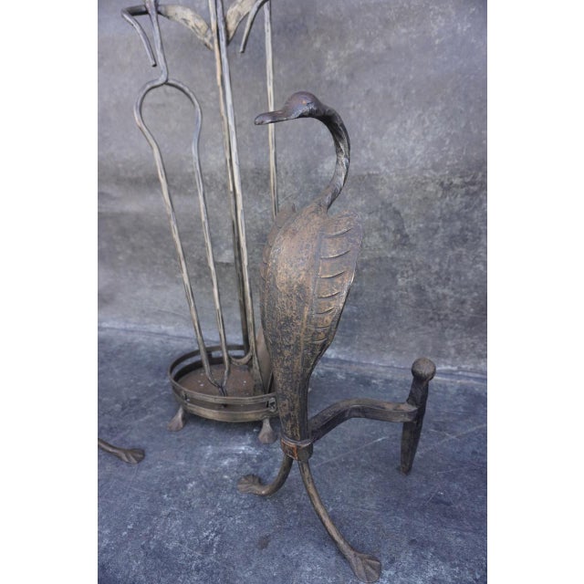 Arts & Crafts Early 20th Century Original Cahill Iron Works Waterfowl Fireplace Andirons and Tool Set For Sale - Image 3 of 8