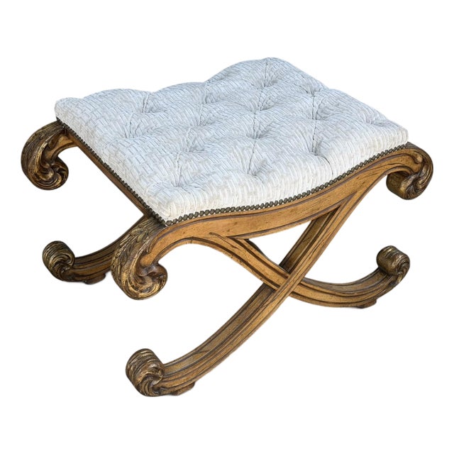 18c Style Regency Giltwood & Tufted Cut Velvet Footstool Ottoman X Bench For Sale