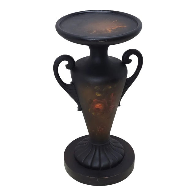 Antique Regency Neclassical Urn Form Hand Painted Romantic Roses Carved Wood Plant Stand For Sale