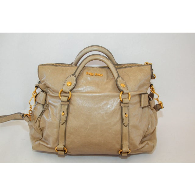 MIU MIU Beige Vitello Lux Bow Leather Hand Bag Satchel Tote