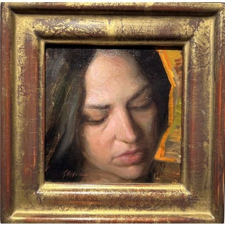 This one is Warmth by Karen Offutt | Oil on Panel Portrait of a woman with closed eyes For Sale
