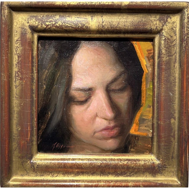 This one is Warmth by Karen Offutt | Oil on Panel Portrait of a woman with closed eyes For Sale