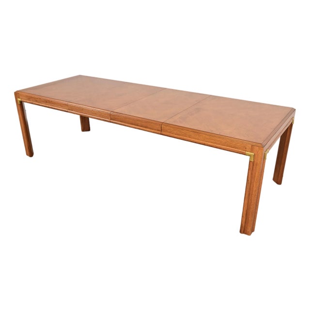 Drexel Heritage Mid-Century Hollywood Regency Campaign Walnut Extension Dining Table, Newly Refinished For Sale