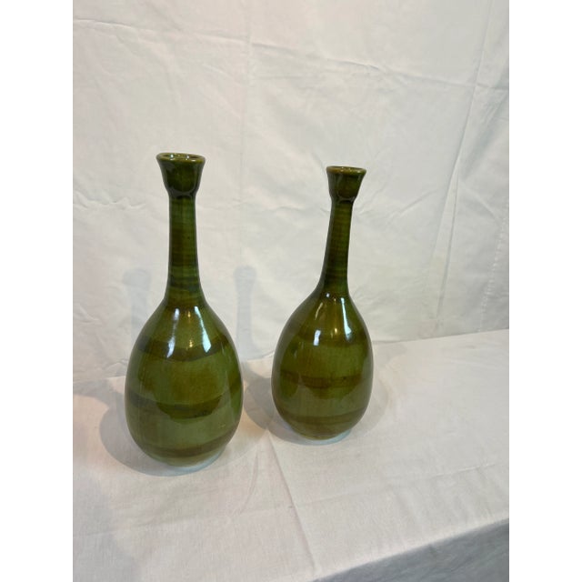 Green Vases with Crackle Glaze and Aged Green Finish - a Pair For Sale - Image 11 of 11