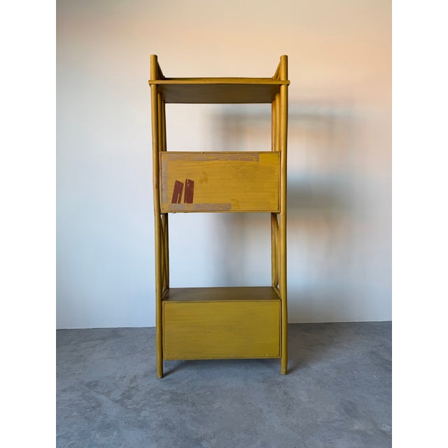 Wood Vintage Mustard Yellow Bent Rattan Bookcase Cabinet For Sale - Image 7 of 12