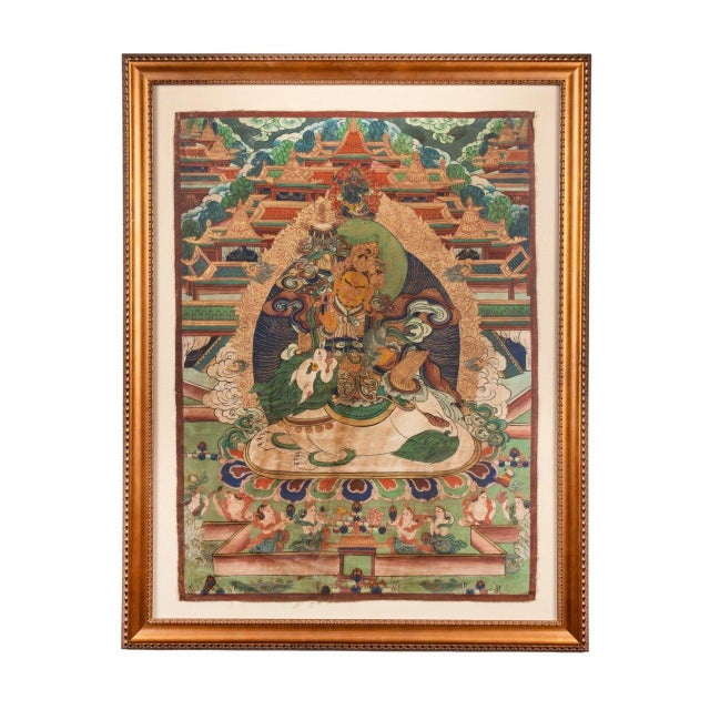 A beautiful 19th-century Tibetan thangka depicting Vaishravana (Kubera), the revered Buddhist guardian of the North and...