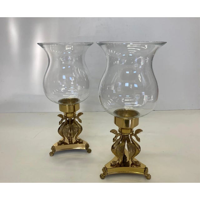 Brass Brass & Blown Glass Hurricanes With Birds -Pair For Sale - Image 8 of 10