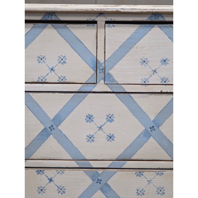 Vintage Rustic English Pine Five Drawer Dresser With Distress Painted and Stenciled Surface For Sale - Image 11 of 15