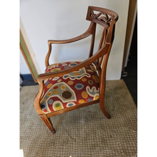 Mid 20th Century Vintage Italian Fruitwood Armchair Having New Abstract Crewel Embroidery Seat and French Nailhead Trim For Sale - Image 5 of 7