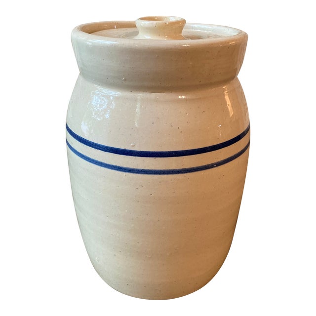 Vintage Signed Marshal Pottery Stoneware Crock Jar and Lid With Double Cobalt Stripes For Sale