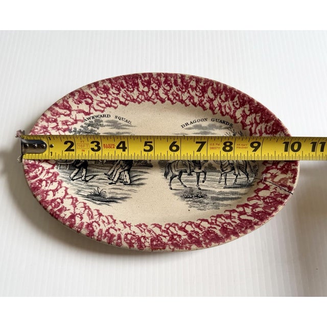 Victorian Antique Red Transfer & Sponge Ware Platter Awkward Squad/ Dragoon Guards Military For Sale - Image 3 of 11