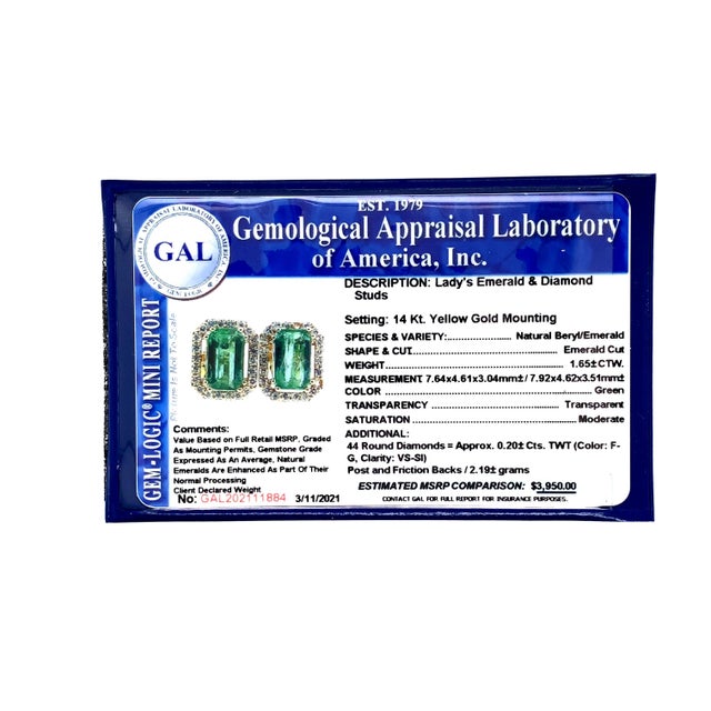 Natural Emerald Diamond Stud Earrings 14k Y Gold 1.85 TCW Certified For Sale - Image 14 of 14