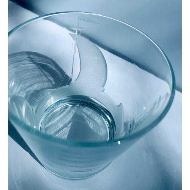 Late 20th Century Vintage Etched Sailboat Transparent Crystal Cocktail Lowball Glasses, in the 'Artel Style'- Set of 8 For Sale - Image 5 of 12