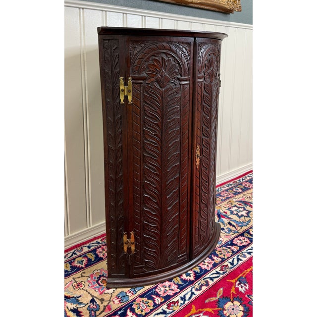 Late 19th Century Antique English Corner Cabinet Carved Oak Hanging Wall Cabinet Storage 19c For Sale - Image 5 of 18