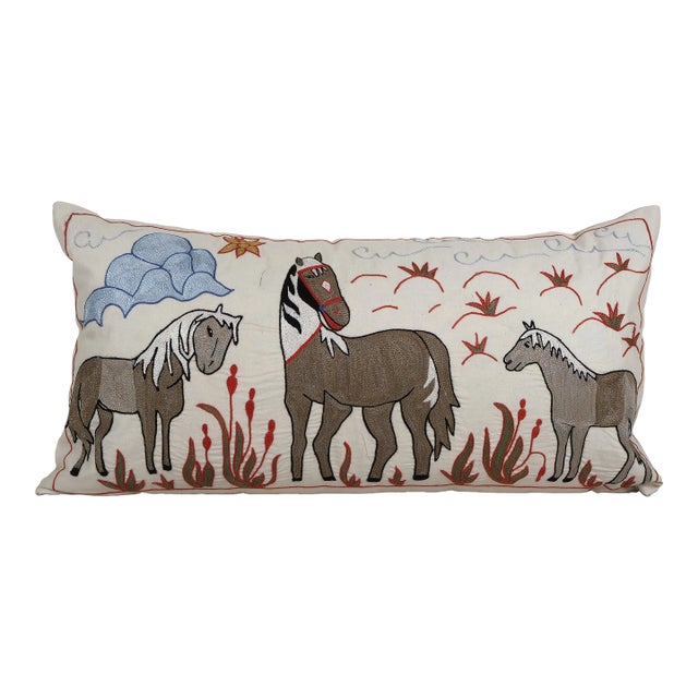 Suzani Horse Cushion Cover 18'' X 34'' For Sale