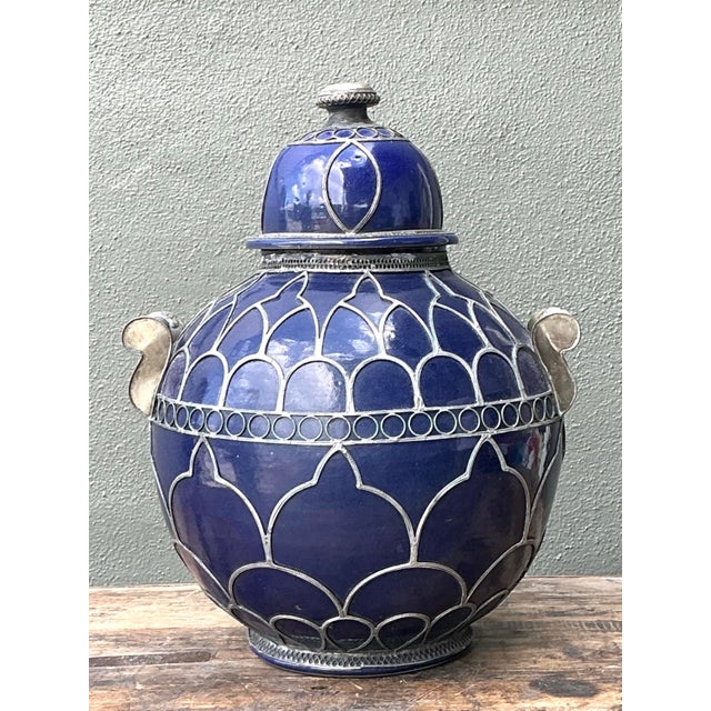 Blue Vintage Moroccan Glazed Ceramic Lidded Urn For Sale - Image 8 of 12