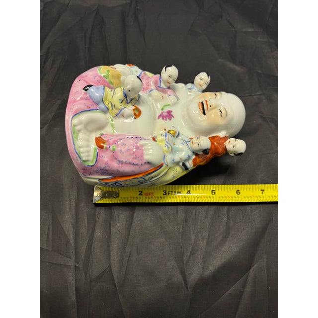 Chinese Republic Famille Rose Porcelain Laughing Buddha 5 Children 6.5” Vintage For Sale - Image 9 of 9