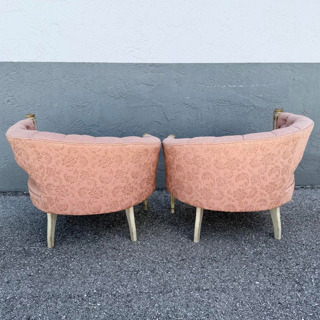 Wood Vintage French-Style Tufted Pink Barrel Accent Chairs - A Pair For Sale - Image 7 of 11
