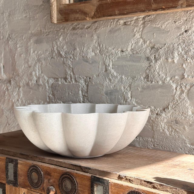 Stone Hand-Carved White Marble Cirque Floral Vessel Sink - Modern Bathroom Vanity Basin For Sale - Image 7 of 10