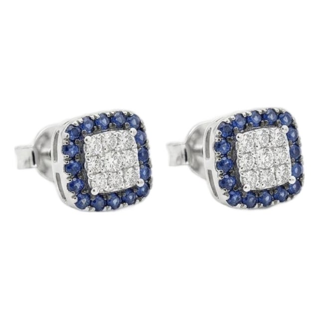 Natural 18k Gold Diamond 0.40ct Blue Sapphire Stud Earrings, Pair For Sale