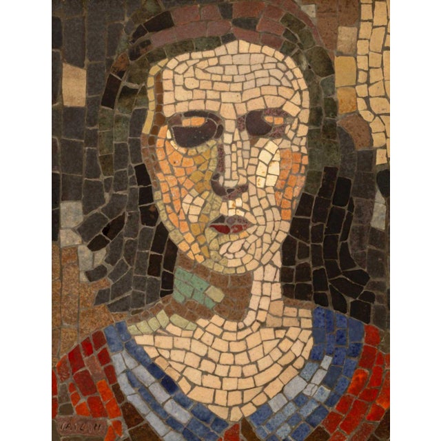 Taizan Tile, Portrait of a Woman Mosaic Panel, mid-20th century, signed "Taizan" lower left, giltwood frame. Image: 11.5"...