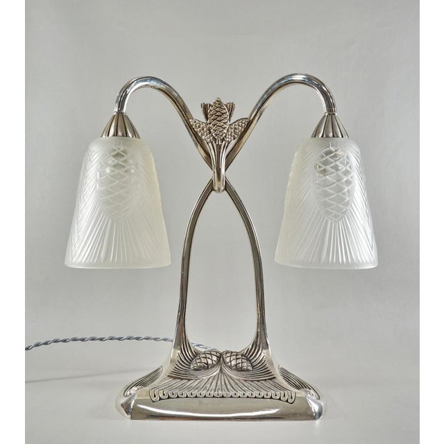 David Gueron Degue Bousquet & Bloch & Degue French Art Deco Double-Arm Table Lamp 1930s - Pinecone Glass For Sale - Image 4 of 14