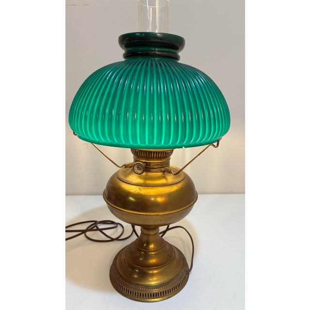 Late 19th Century Antique Brass Oil Lamp Rayo Electrified Emerald Green Glass Shade For Sale - Image 5 of 11