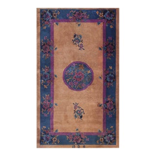 1920s Salmon Floral Antique Chinese Art Deco Carpet 4' X6'10" Handwoven Wool Rug For Sale